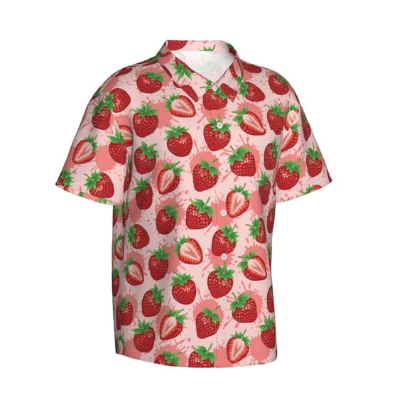 Lsque Cute Strawberry pattern Hawaiian Shirt for Men, Unisex Summer Beach Casual Short Sleeve Button Down Shirts-X-Large