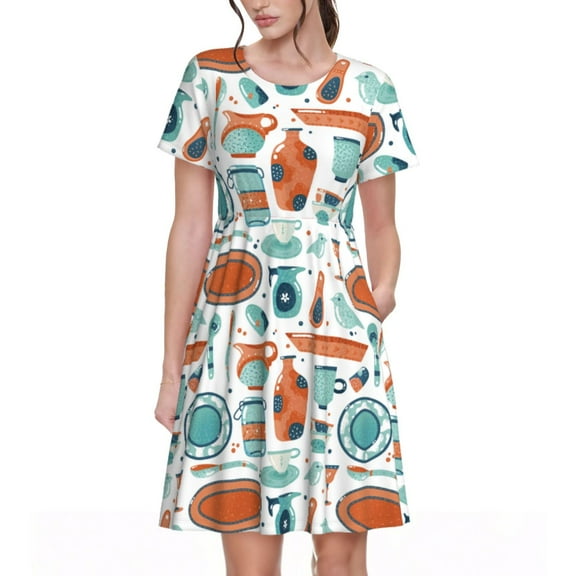 Lsque Cute Tableware Print Women's Casual Dress T-Shirt Summer Short Sleeve Scoop Neck Swing Dresses