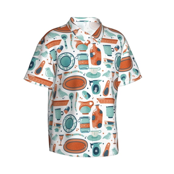 Lsque Cute Tableware pattern Hawaiian Shirt for Men, Unisex Summer Beach Casual Short Sleeve Button Down Shirts-X-Large