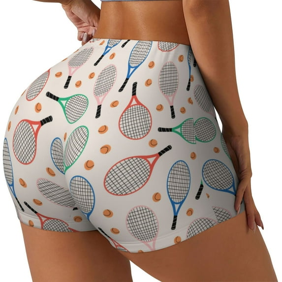 Lsque Cute Tennis Racket Pattern High Waisted Biker Shorts for Women-Tummy Control Fitness Athletic Workout Running Yoga Gym Shorts,Moisture-Wicking-Large