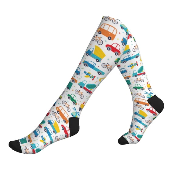 Lsque Cute Transport Pattern Sport Compression Socks for Men & Women 15-20 mmHg Knee High Nurse Pregnant Running Medical and Travel Athletic