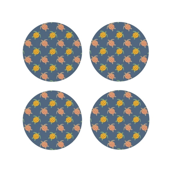 Lsque Cute Turtle Pattern 4" Drink Coasters Set of 4, PVC Leather Absorbent Coasters, Table Coaster Set Decorative Coffee Cup Coasters Housewarming Gift -Round Shape
