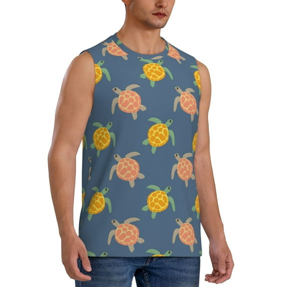 Lsque Cute Turtle Print Men's Cotton Blend Sleeveless Muscle Shirts (S-3XL)- Moisture Wicking, Odor Protection, UPF 30+,3X-Large
