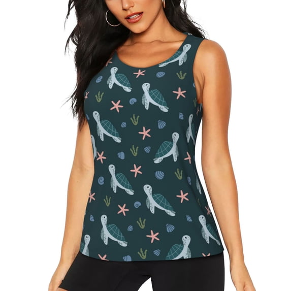 Lsque Cute Turtle Printed Workout Tank Tops for Women, Athletic Sports Tank Tops, Compression Sleeveless Dry Fit Shirts,Sleeveless Yoga Shirt-X-Large