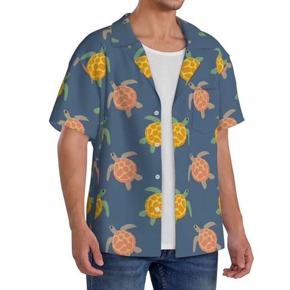 Lsque Cute Turtle print Men's Cuban Collar Short Sleeve Shirt Summer Beachwear Casual Button Down Fashionable Vacation Leisure Shirt-4X-Large