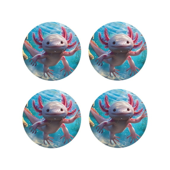 Lsque Cute Underwater Axolotl Pattern 4" Drink Coasters Set of 4, PVC Leather Absorbent Coasters, Table Coaster Set Decorative Coffee Cup Coasters Housewarming Gift -Round Shape