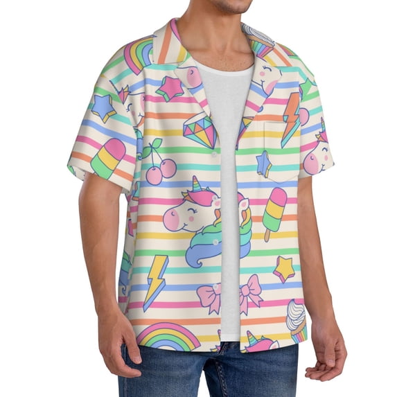 Lsque Cute Unicorn print Men's Cuban Collar Short Sleeve Shirt Summer Beachwear Casual Button Down Fashionable Vacation Leisure Shirt-Large