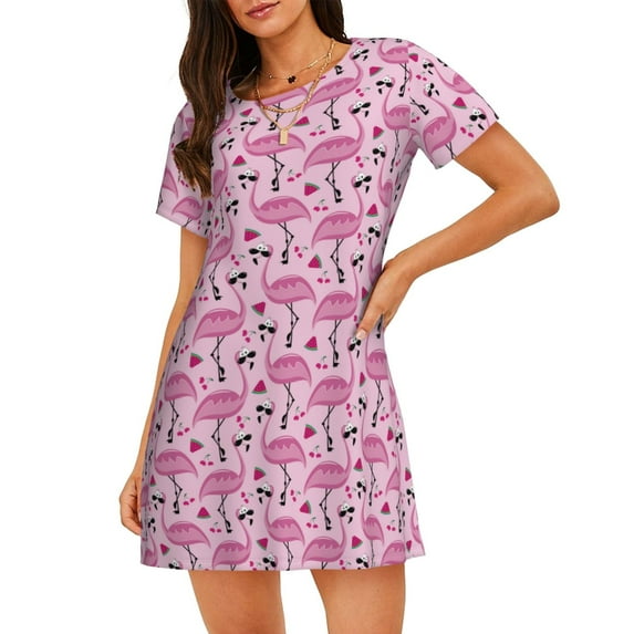 Lsque Cute Watermelon Flamingo Pattern Nightgowns for Women Sleep Shirts Short Sleeve Nightshirt Pullover Nightdress Soft Sleepwear Relaxed Fit Nightdress