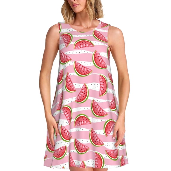 Lsque Cute Watermelon Pattern Summer Dresses for Women – Sleeveless T-Shirt Swing Sundress, Perfect for the Beach and Casual Days