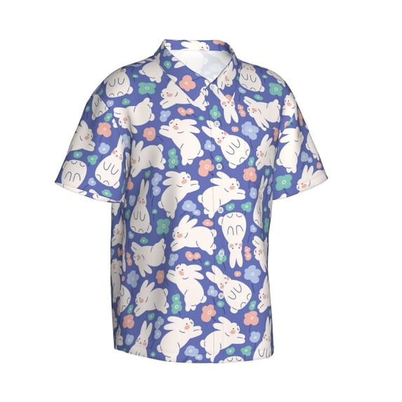 Lsque Cute White Rabbit pattern Hawaiian Shirt for Men, Unisex Summer Beach Casual Short Sleeve Button Down Shirts-Medium