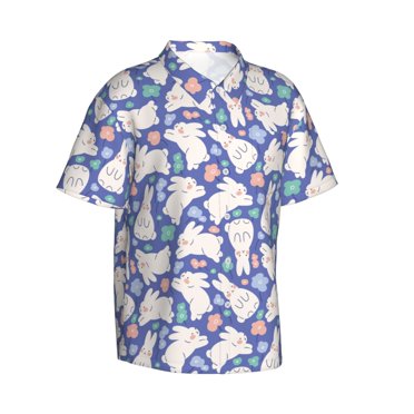 Lsque Cute White Rabbit pattern Hawaiian Shirt for Men, Unisex Summer Beach Casual Short Sleeve Button Down Shirts-X-Large