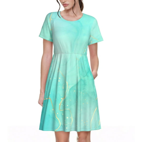 Lsque Cyan Mint Marble Print Women's Casual Dress T-Shirt Summer Short Sleeve Scoop Neck Swing Dresses