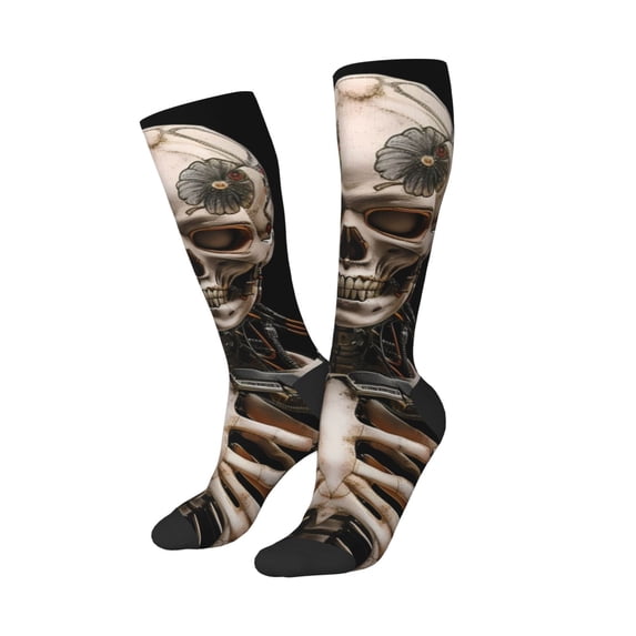 Lsque Cyber Skeleton With Tattoos Printed Crew Socks Men's Women's LightWeight Thin Casual Calf Socks ,Knee High Socks,Cotton Socks