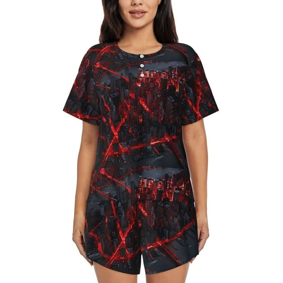 Lsque Cyberpunk Cityscape Lights Women's Short-Sleeved Pajama Set - 2 Piece Soft and Lightweight Sleepwear Set-3X-Large