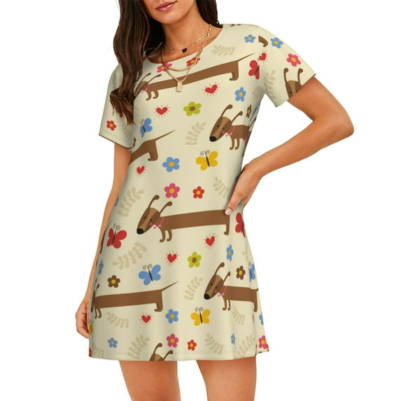 Lsque Dachshund Dog And Flower Pattern Nightgowns for Women Sleep Shirts Short Sleeve Nightshirt Pullover Nightdress Soft Sleepwear Relaxed Fit Nightdress