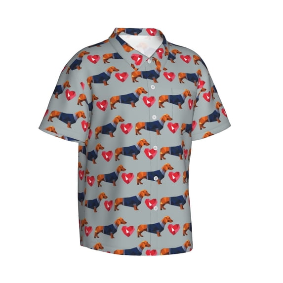 Lsque Dachshund Dog Heart pattern Hawaiian Shirt for Men, Unisex Summer Beach Casual Short Sleeve Button Down Shirts-Medium