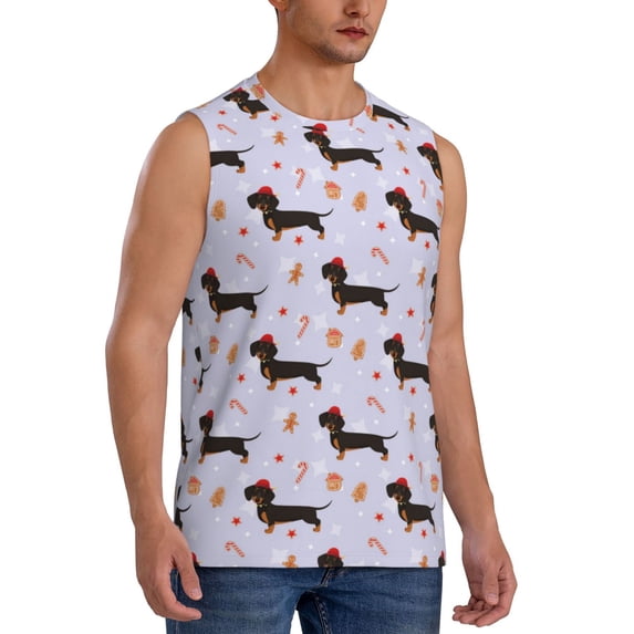 Lsque Dachshund Dog Print Men's Cotton Blend Sleeveless Muscle Shirts (S-3XL)- Moisture Wicking, Odor Protection, UPF 30+,3X-Large