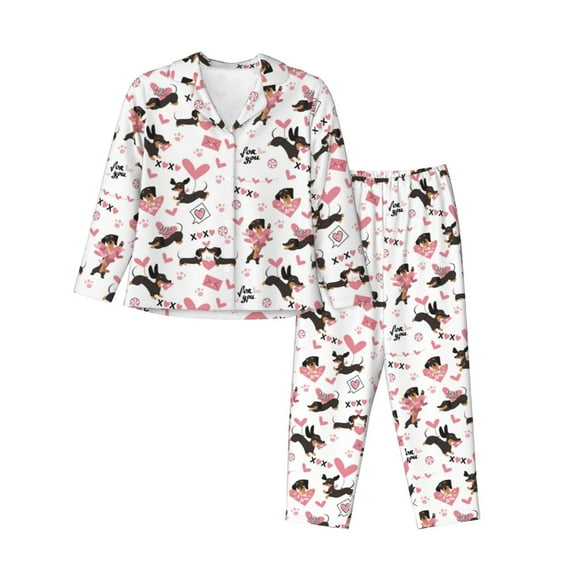 Lsque Dachshund Dog Puppy Pattern Long Sleeve Pajama Set for Women - Soft 2-Piece Sleepwear and Loungewear Set with Pockets, Comfy Nightwear-Small