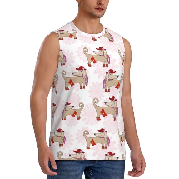 Lsque Dachshund Dog Puppy Print Men's Cotton Blend Sleeveless Muscle Shirts (S-3XL)- Moisture Wicking, Odor Protection, UPF 30+,X-Large