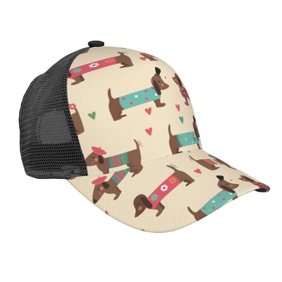 Lsque Dachshund Dog Puppy Printed Trucker Hat - Baseball Cap for Men Women - Breathable Mesh Side, Adjustable Fit - for Casual Wear
