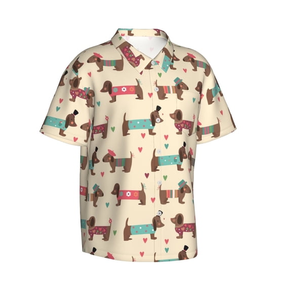 Lsque Dachshund Dog Puppy pattern Hawaiian Shirt for Men, Unisex Summer Beach Casual Short Sleeve Button Down Shirts-Large