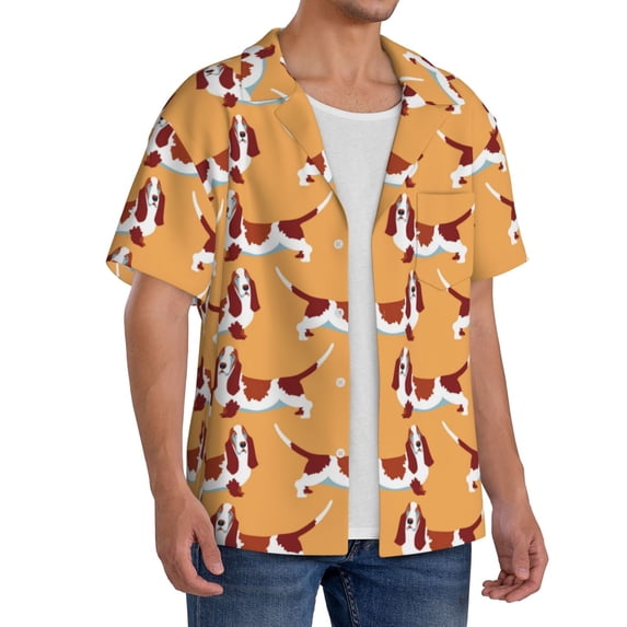 Lsque Dachshund Dog Puppy print Men's Cuban Collar Short Sleeve Shirt Summer Beachwear Casual Button Down Fashionable Vacation Leisure Shirt-3X-Large