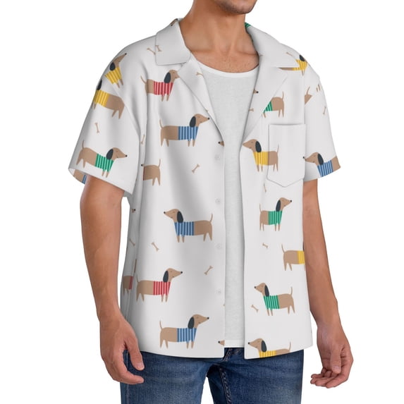 Lsque Dachshund Dog Puppy print Men's Cuban Collar Short Sleeve Shirt Summer Beachwear Casual Button Down Fashionable Vacation Leisure Shirt-4X-Large