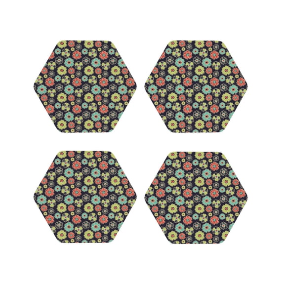 Lsque Daisies Flowers Pattern 4" Drink Coasters Set of 4, PVC Leather Absorbent Coasters, Table Coaster Set Decorative Coffee Cup Coasters Housewarming Gift -Hexagon