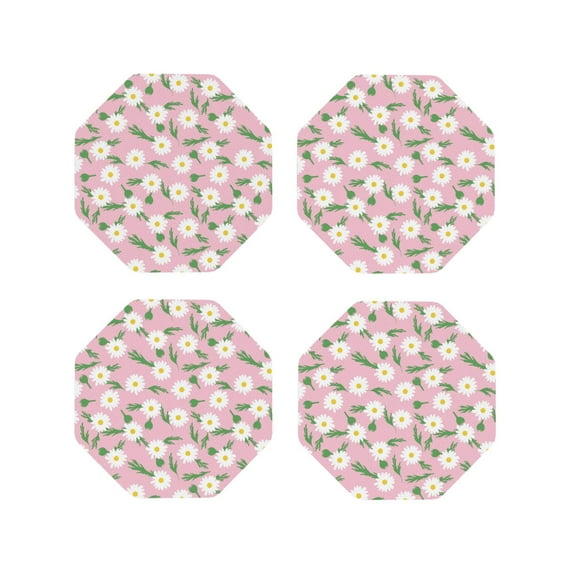 Lsque Daisies Flowers Pattern 4" Drink Coasters Set of 4, PVC Leather Absorbent Coasters, Table Coaster Set Decorative Coffee Cup Coasters Housewarming Gift -Octagon