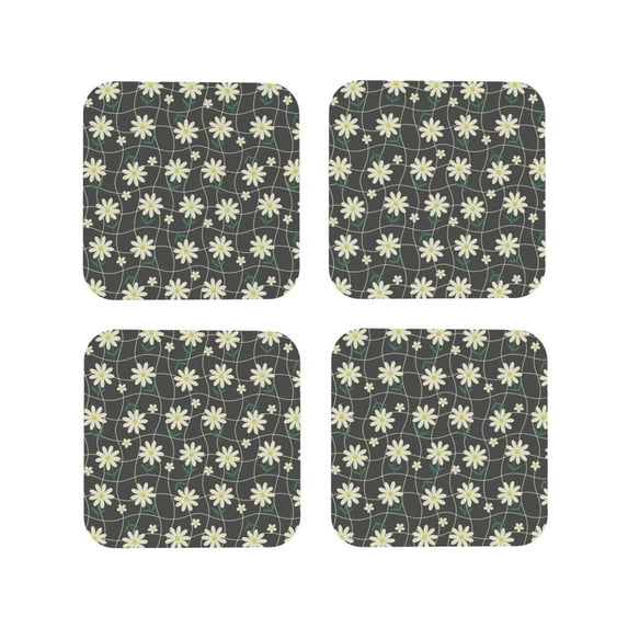 Lsque Daisies Flowers Pattern 4" Drink Coasters Set of 4, PVC Leather Absorbent Coasters, Table Coaster Set Decorative Coffee Cup Coasters Housewarming Gift -Square