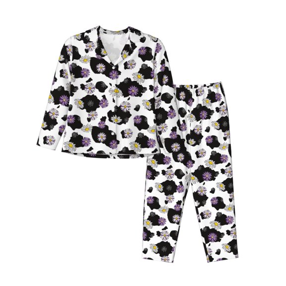 Lsque Daisies Flowers Pattern Long Sleeve Pajama Set for Women - Soft 2-Piece Sleepwear and Loungewear Set with Pockets, Comfy Nightwear-Large