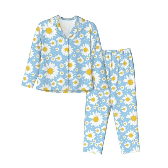 Lsque Daisies Flowers Pattern Long Sleeve Pajama Set for Women - Soft 2-Piece Sleepwear and Loungewear Set with Pockets, Comfy Nightwear-Medium