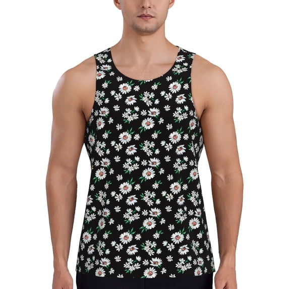 Lsque Daisies Flowers Pattern Mens Tank Tops Muscle Athletic Quick Dry Sleeveless Workout Fitness T Shirts Beach Tank Top, Loose-fit Sleeveless Shirt for Men-Large
