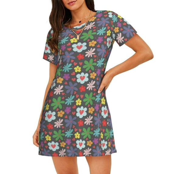 Lsque Daisies Flowers Pattern Nightgowns for Women Sleep Shirts Short Sleeve Nightshirt Pullover Nightdress Soft Sleepwear Relaxed Fit Nightdress