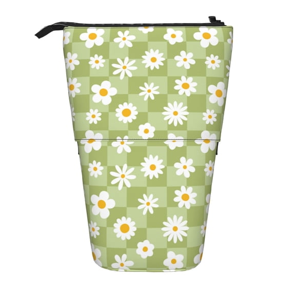 Lsque Daisies Flowers Pattern Telescopic Pencil Bag Pen Holder Stationery Case, Stand-up Retractable Transformer Bag Organizer