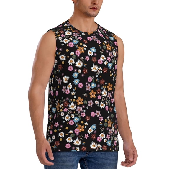 Lsque Daisies Flowers Print Men's Cotton Blend Sleeveless Muscle Shirts (S-3XL)- Moisture Wicking, Odor Protection, UPF 30+,Large
