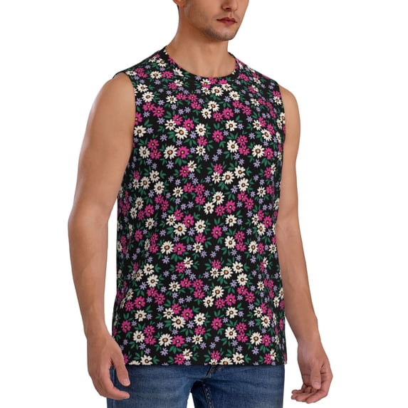 Lsque Daisies Flowers Print Men's Cotton Blend Sleeveless Muscle Shirts (S-3XL)- Moisture Wicking, Odor Protection, UPF 30+,Large