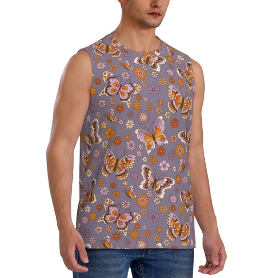 Lsque Daisies Flowers Print Men's Cotton Blend Sleeveless Muscle Shirts (S-3XL)- Moisture Wicking, Odor Protection, UPF 30+,Small
