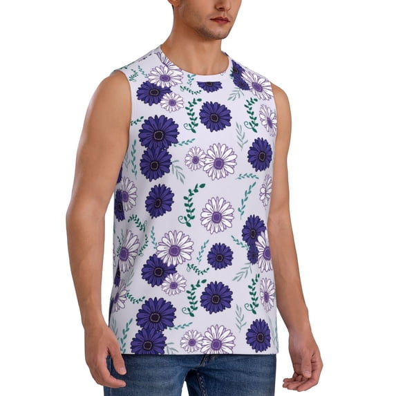 Lsque Daisies Flowers Print Men's Cotton Blend Sleeveless Muscle Shirts (S-3XL)- Moisture Wicking, Odor Protection, UPF 30+,X-Large