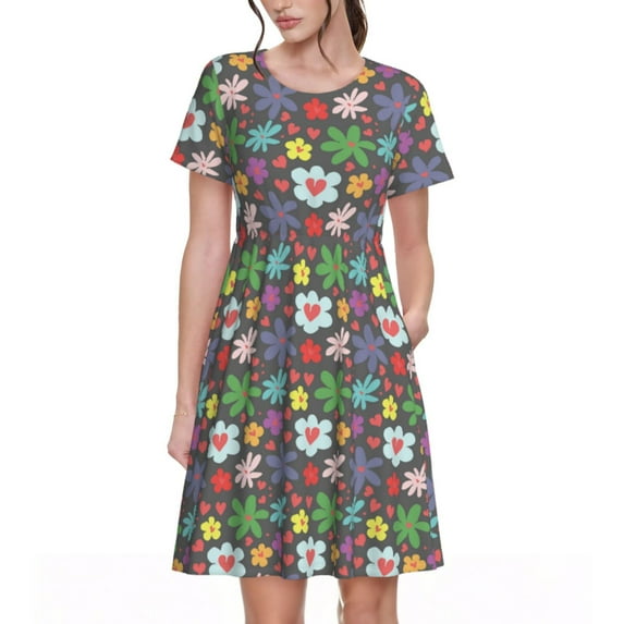 Lsque Daisies Flowers Print Women's Casual Dress T-Shirt Summer Short Sleeve Scoop Neck Swing Dresses
