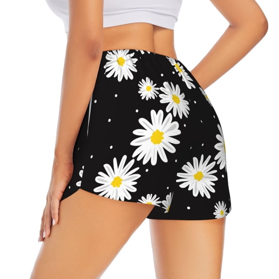 Lsque Daisies Flowers Printed Women's Running Shorts with Liner Pockets,Elastic Quick Dry Workout Athletic Gym Yoga Shorts,Womens High Waist Shorts-Large