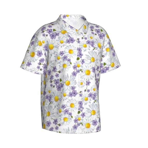 Lsque Daisies Flowers pattern Hawaiian Shirt for Men, Unisex Summer Beach Casual Short Sleeve Button Down Shirts-Small