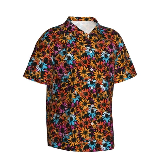 Lsque Daisies Flowers pattern Hawaiian Shirt for Men, Unisex Summer Beach Casual Short Sleeve Button Down Shirts-X-Large