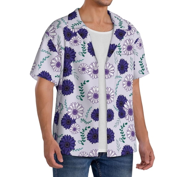 Lsque Daisies Flowers print Men's Cuban Collar Short Sleeve Shirt Summer Beachwear Casual Button Down Fashionable Vacation Leisure Shirt-4X-Large