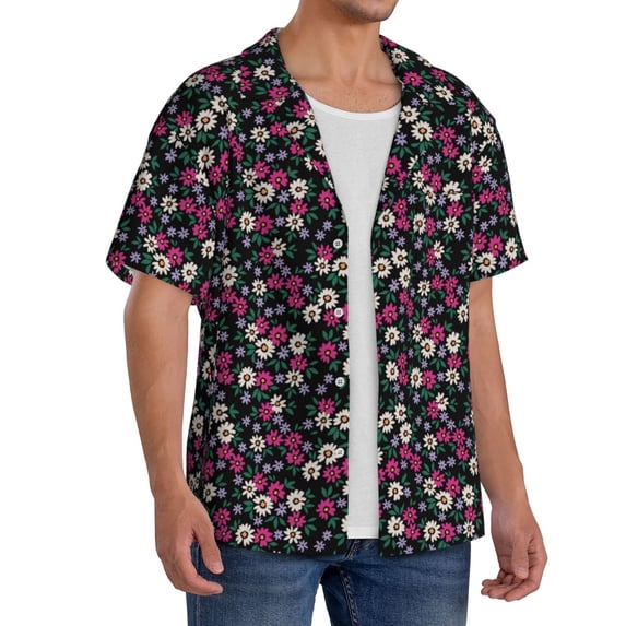Lsque Daisies Flowers print Men's Cuban Collar Short Sleeve Shirt Summer Beachwear Casual Button Down Fashionable Vacation Leisure Shirt-Medium