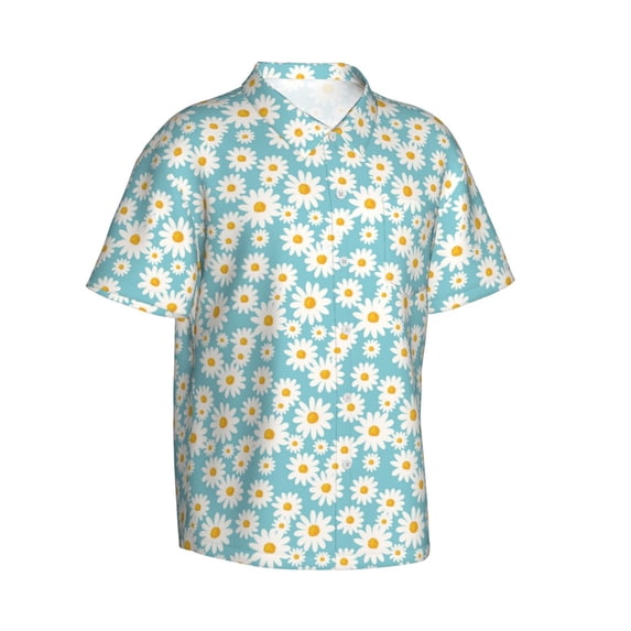 Lsque Daisy Floral A pattern Hawaiian Shirt for Men, Unisex Summer Beach Casual Short Sleeve Button Down Shirts-Medium