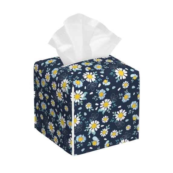 Lsque Daisy Floral B Printed Tissue Box Cover Holder, Facial Paper Organizer Dispenser,Square with Bottom Belt, PVC Leather Decorative Organizer