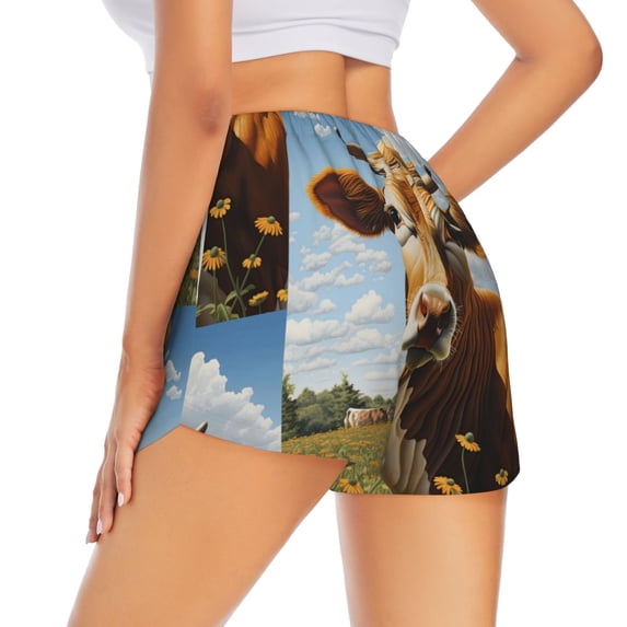Lsque Daisy Flower Field Cow Printed Women's Running Shorts with Liner Pockets,Elastic Quick Dry Workout Athletic Gym Yoga Shorts,Womens High Waist Shorts-Large