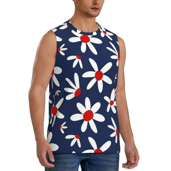 Lsque Daisy Flowers Print Men's Cotton Blend Sleeveless Muscle Shirts (S-3XL)- Moisture Wicking, Odor Protection, UPF 30+,Medium