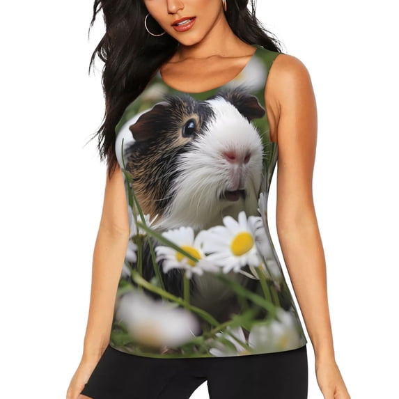 Lsque Daisy Guinea Pig Printed Workout Tank Tops for Women, Athletic Sports Tank Tops, Compression Sleeveless Dry Fit Shirts,Sleeveless Yoga Shirt-Large